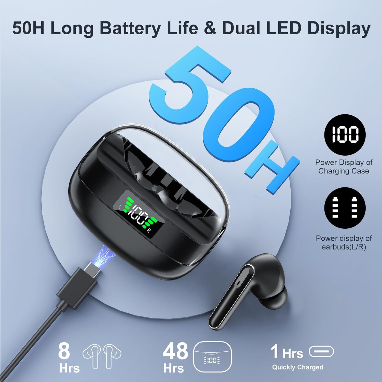New transparent chassis wireless BT earphones TWS with high sound quality, long battery life and LED display in ear