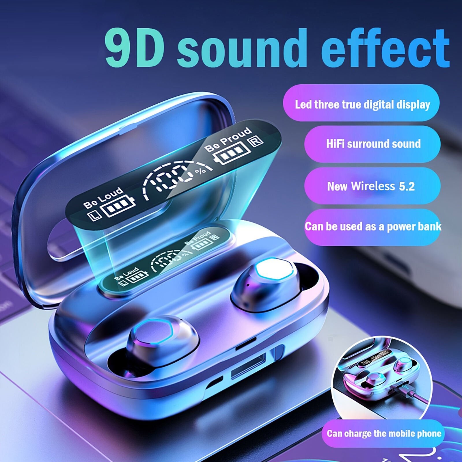 Eraysun M9 TWS Auriculares Inalambricos IP7 Waterproof Wireless Earbuds In-Ear Gaming Headphones Compatible iPhone Features Hifi