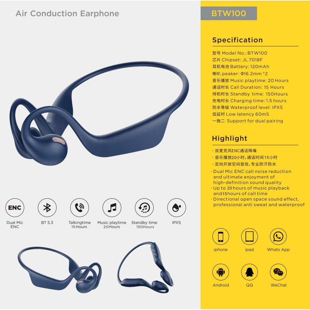Kvance Bone conduction earphone High Quality waterproof Sport wireless earphone Open ear Air Conduction earphones