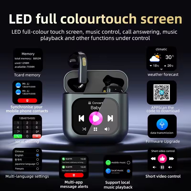 2024 New LCD Color Touch Screen K1 Wireless Earbuds Active Noise Canceling TWS earphone BT5.3 Headset Built-in 8GB SD Card