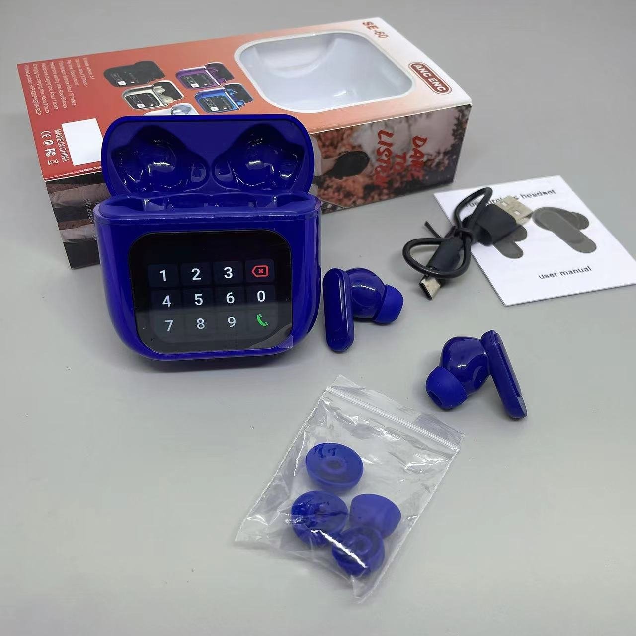 TWS SE60 Headset 2024 Latest with Full Color LCD Touchscreen Wireless Earbuds for noise reduction with mant languages