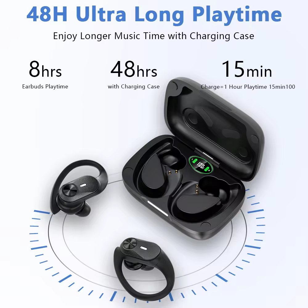 T60 Bluetooth Headset 80 Hours Gaming Wireless Charging Box With Earhook Digital Display Stereo Sports Headset