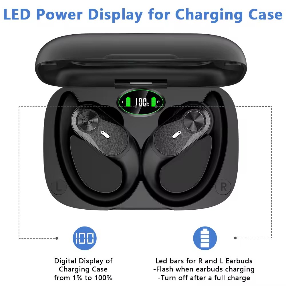 T60 Bluetooth Headset 80 Hours Gaming Wireless Charging Box With Earhook Digital Display Stereo Sports Headset