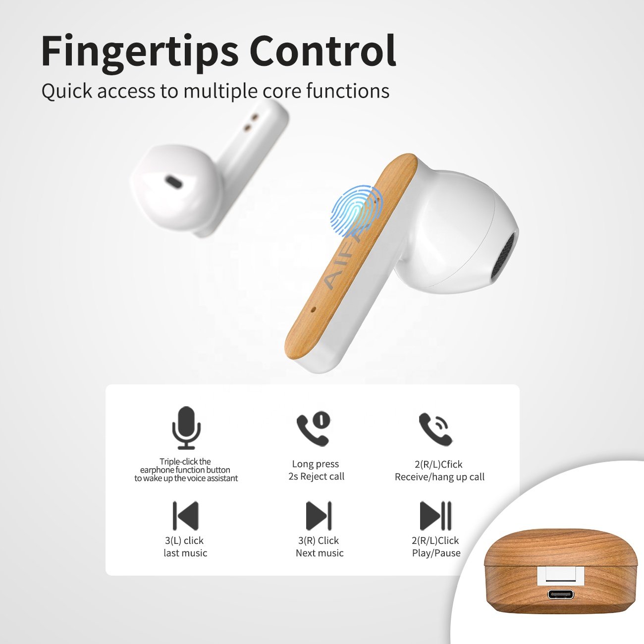 Hot sale semi-in-ear TWS wireless earbuds, wood earphones,have environmental certification Wireless hadhones
