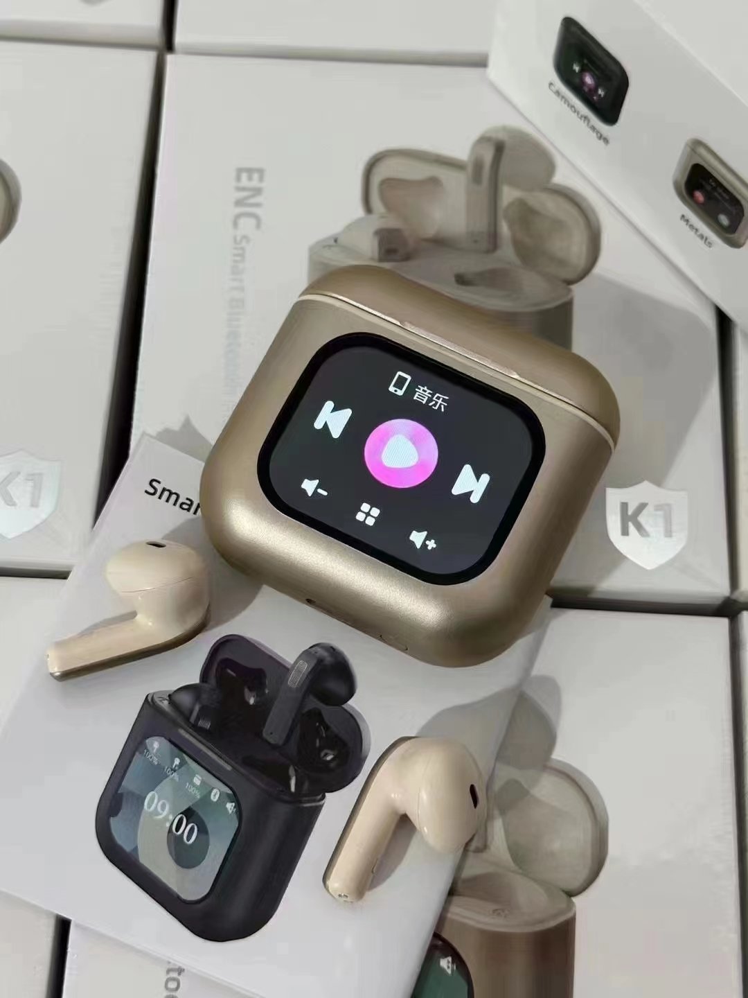 2024 new upgraded BT V5.3 K1 tws earphone ENC Noise Cancelling headphone built-in 8G memory TF card full touch screen