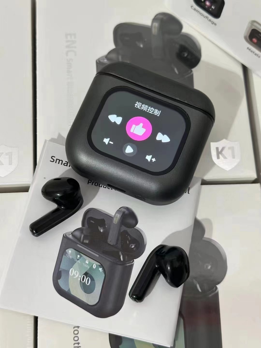 2024 new upgraded BT V5.3 K1 tws earphone ENC Noise Cancelling headphone built-in 8G memory TF card full touch screen