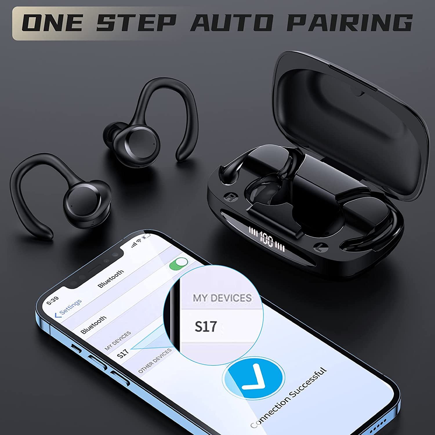 Amazons Best Seller List S17 TWS Earphones Wireless with Earhooks Custom Logo Earbuds ENC Noise Cancellation LED Display Headset