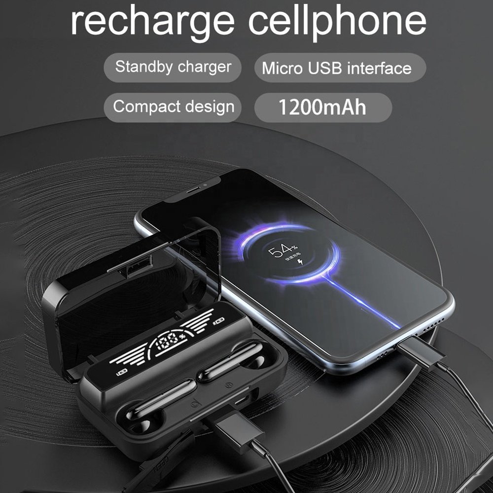 Black digital led portable tws m18 earbuds sports logo hot sale low price true wireless waterproof stereo earbuds with powerbank