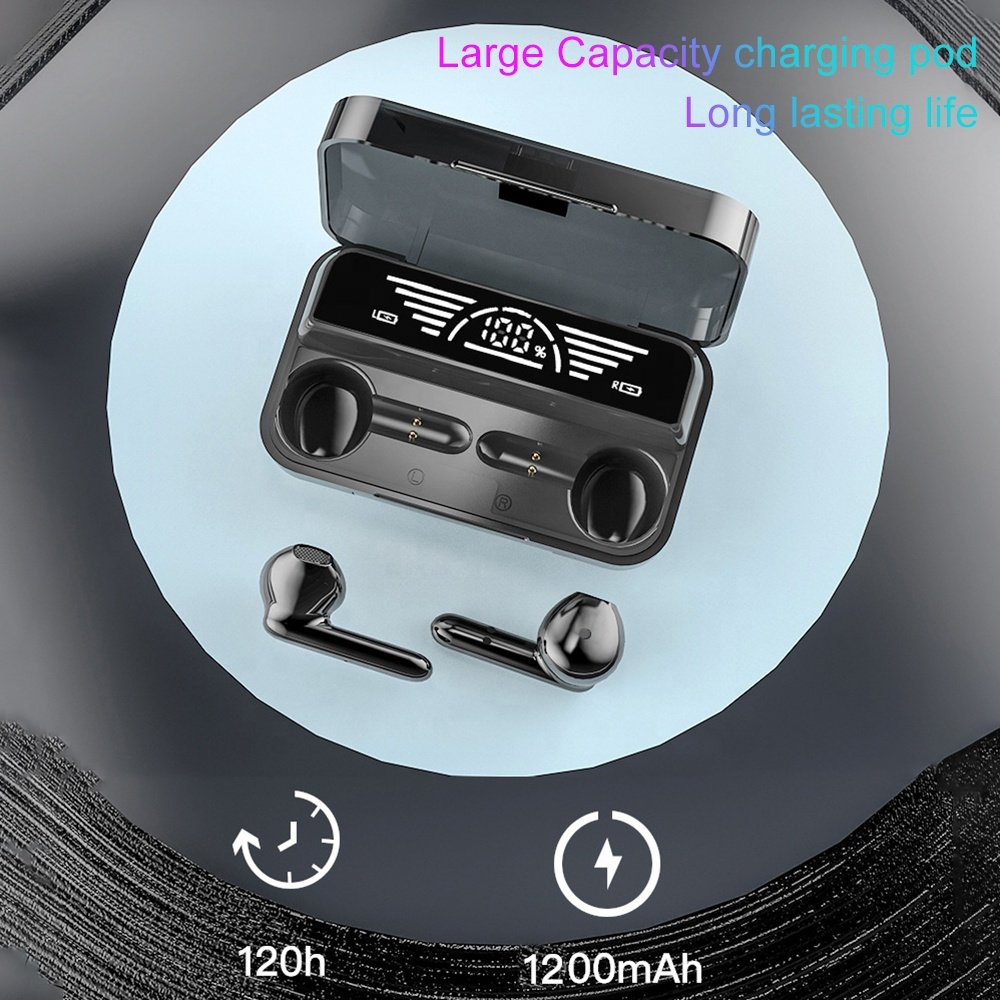 Black digital led portable tws m18 earbuds sports logo hot sale low price true wireless waterproof stereo earbuds with powerbank
