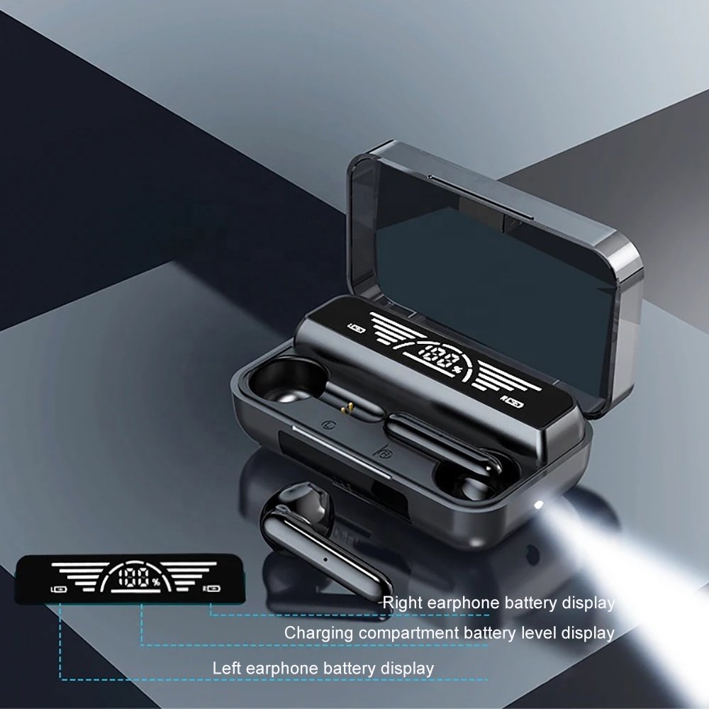 Black digital led portable tws m18 earbuds sports logo hot sale low price true wireless waterproof stereo earbuds with powerbank