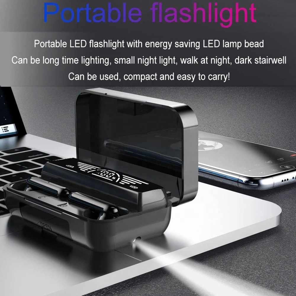 Black digital led portable tws m18 earbuds sports logo hot sale low price true wireless waterproof stereo earbuds with powerbank