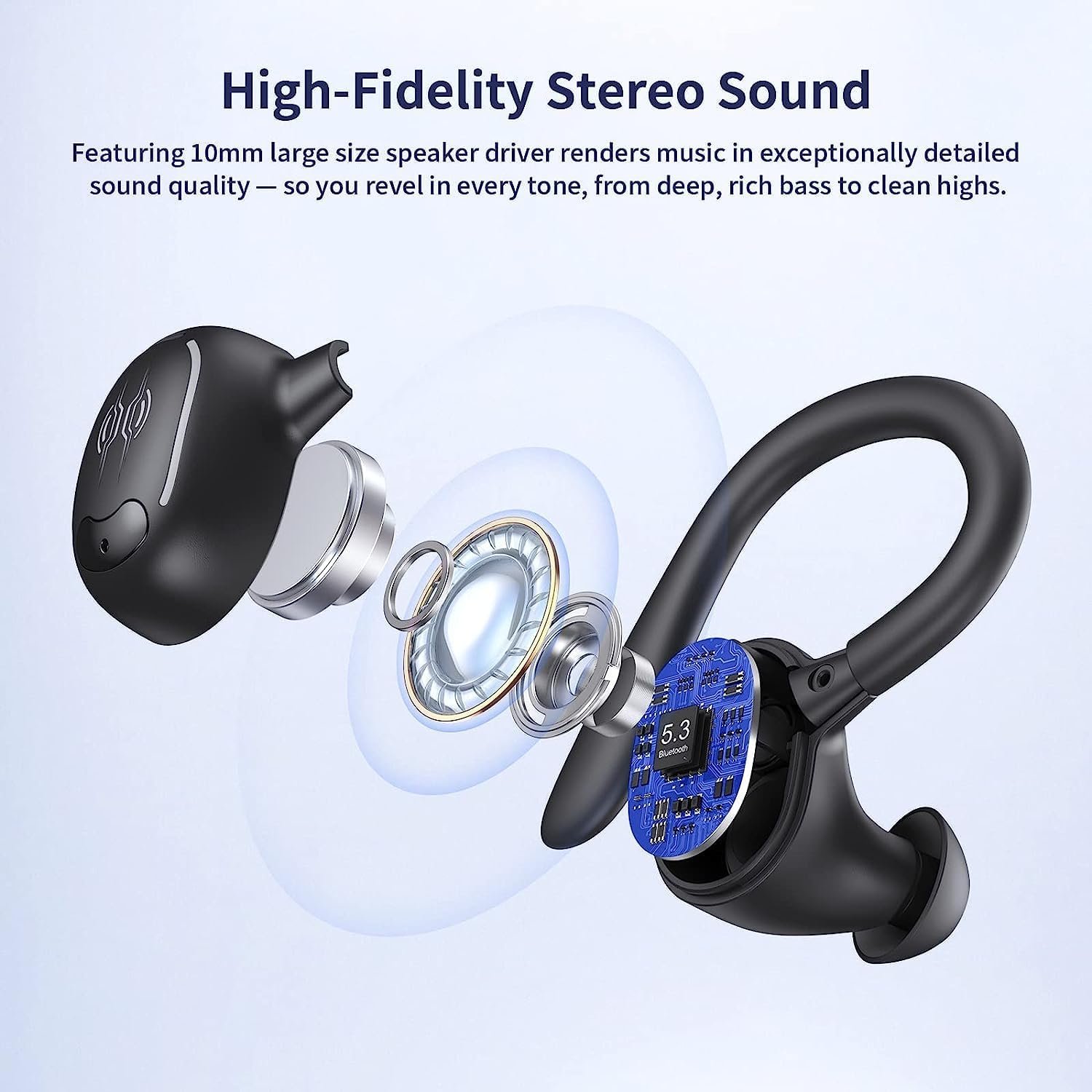 Wireless IPX7 Waterproof Sports Earphones with 50-Hour Playback Dual Power Display Ear Hook Built-In Microphone Apple Devices