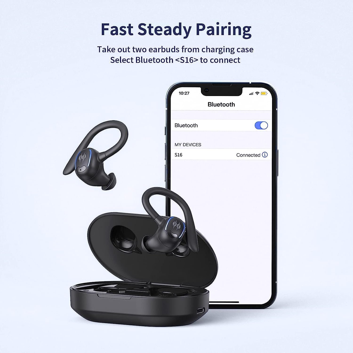 Wireless IPX7 Waterproof Sports Earphones with 50-Hour Playback Dual Power Display Ear Hook Built-In Microphone Apple Devices
