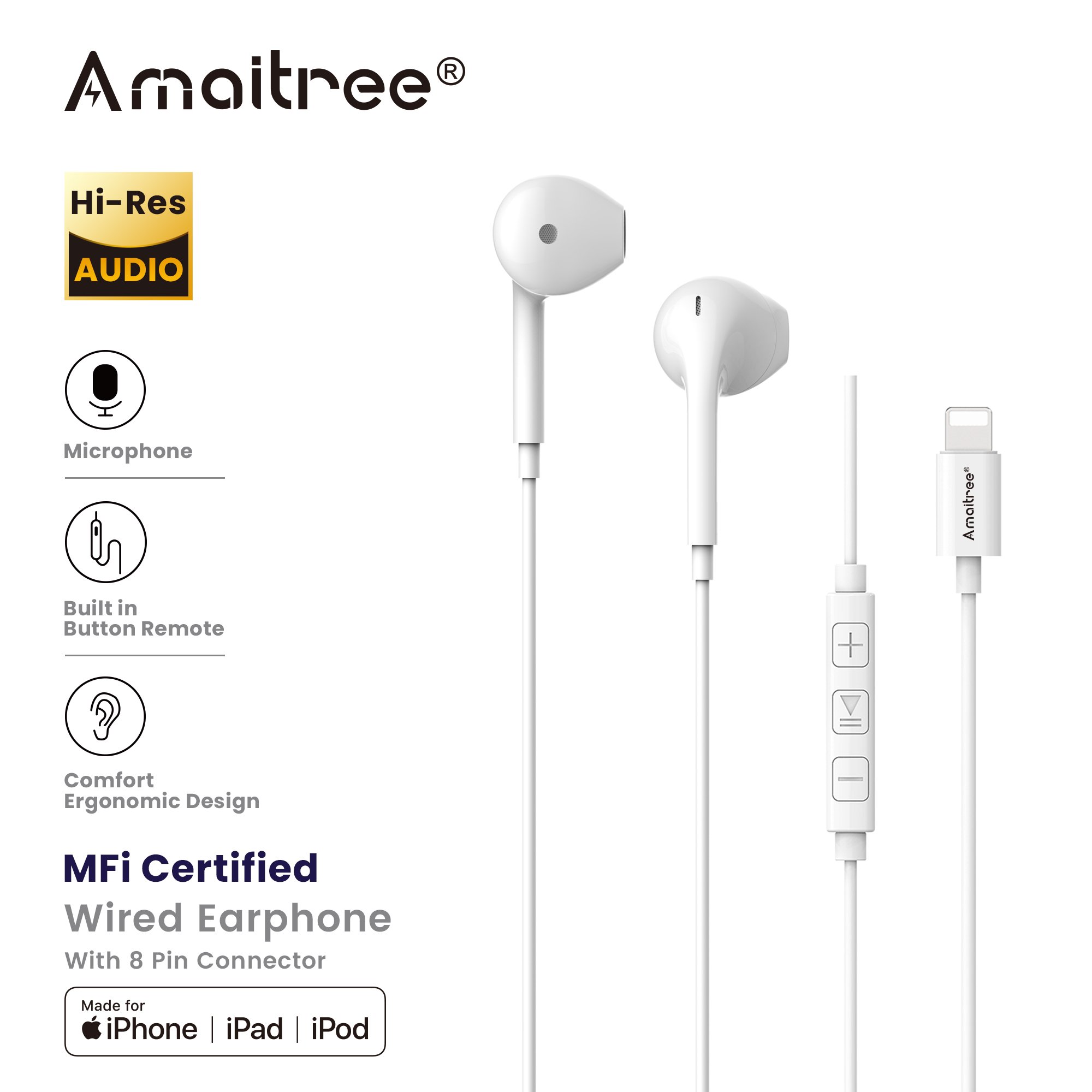 Amaitree Best selling Earphones Wired 1.2m MFi High Bass In ear Wired Earphone Headphones Earbuds for iphone