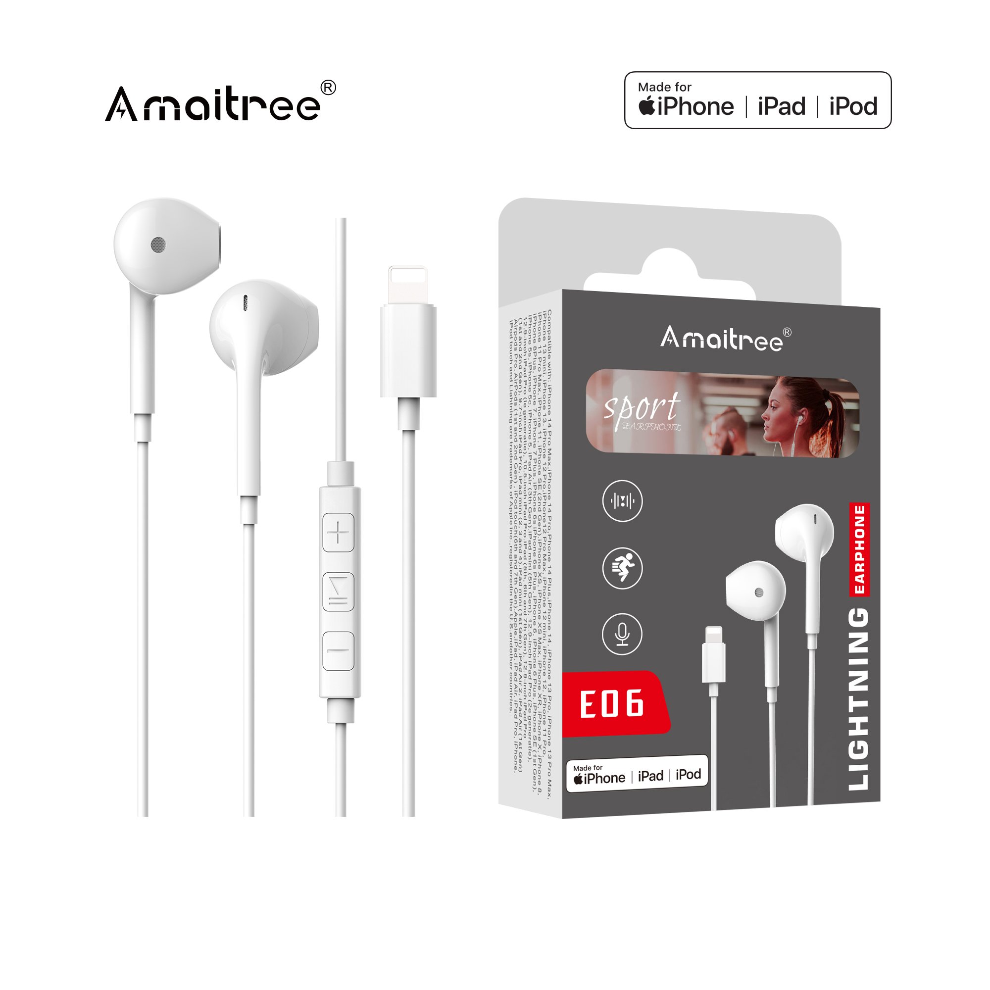Amaitree Best selling Earphones Wired 1.2m MFi High Bass In ear Wired Earphone Headphones Earbuds for iphone