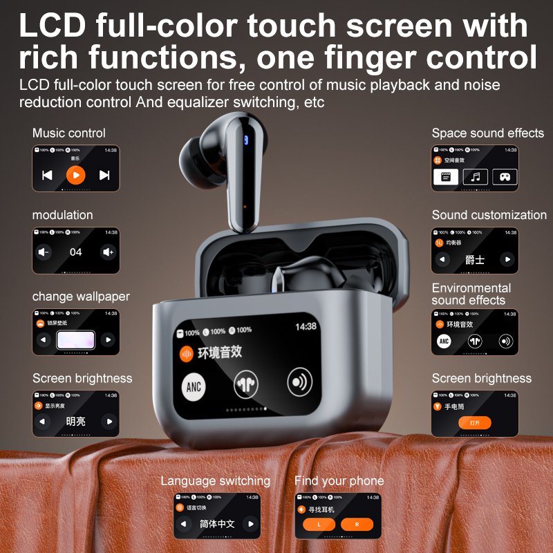 TWS Wireless BT Touch Screen Q30 Headphones LCD Digital Display Hifi Stereo Top ANC Noise Canceling Earbuds