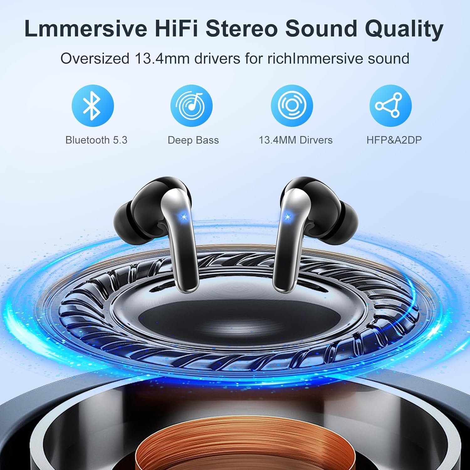 Huien Bluetooth Headphones IP7 Waterproof Sports Earphones Wireless Bluetooth 5.3 Headphones Noise Cancelling TWS Earphones