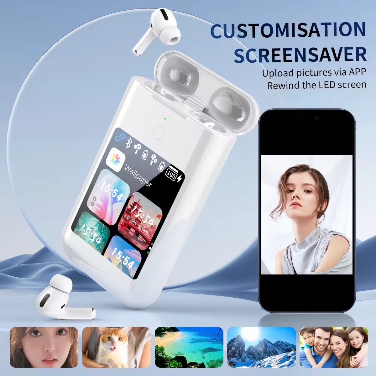 Newest TF20 BOX TWS with 2.8 inch HD Touch Screen 8000mah power bank Earphones ANC & ENC Noise Reduction Wireless Earbuds I