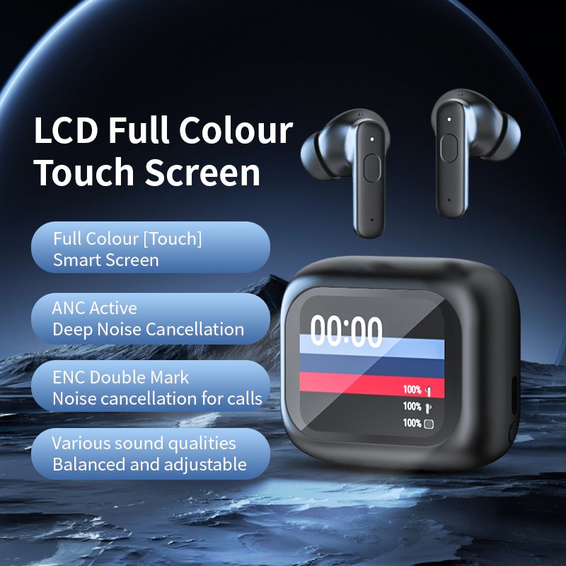 2024 new Wirelesses headphone ANC active noise cancelling earbuds IPX4 LED touch screen waterproof wireless earphone