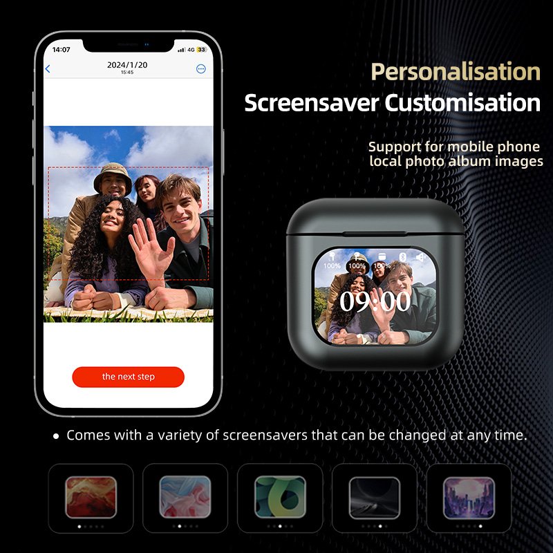 Top1 Social, Birthday Gift True Wireless Earphones K1 Smart Touch Screen Earbuds with Custom Wallpaper Function and MP3 Function