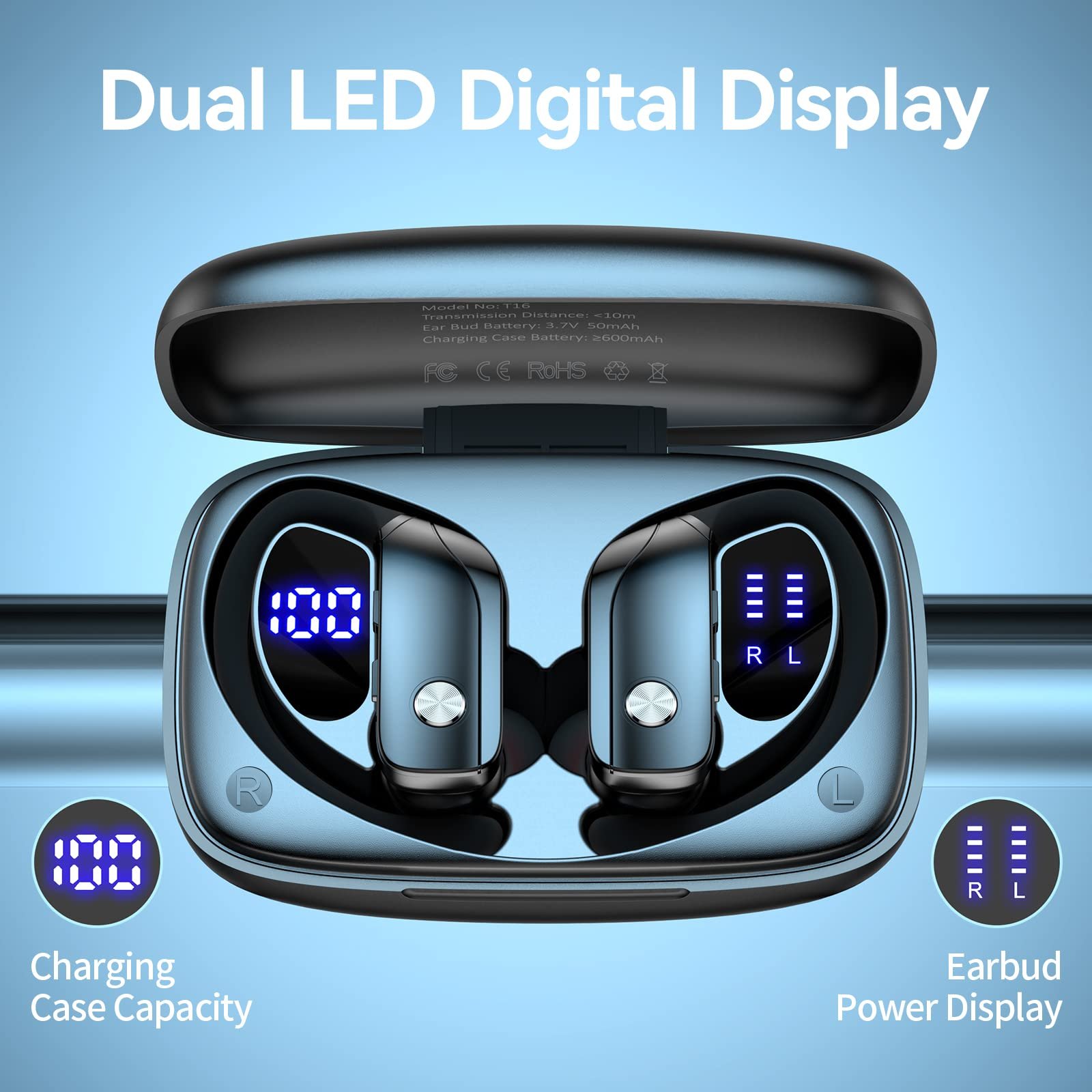 T16 TWS bmani LED Display sport climb Ear hook ecouteur bluetooth Wireless in-ear noise cancelling earbuds with earhook earphone
