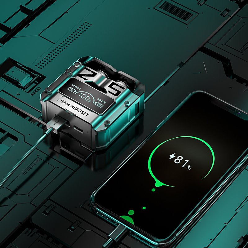 M25 Mechanical Style Magnetic TWS Gaming Wireless Earphone with HD Mirror LED Screen and Power Bank Function