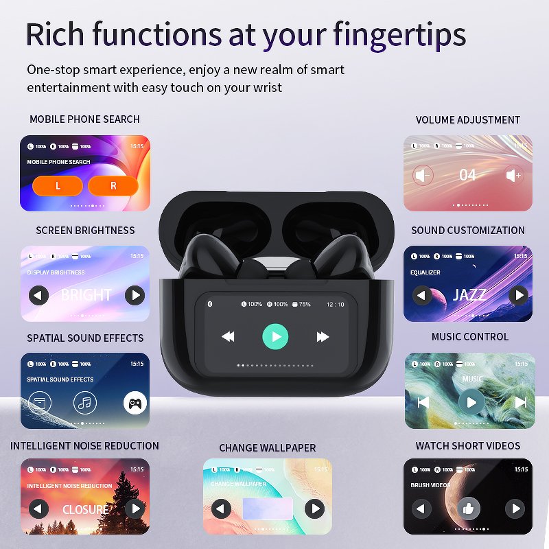 2024 New Design Sports Wireless Earphones LCD Touch Screen Display ENC Earphones Earphones Bluetooth TWS Earbuds