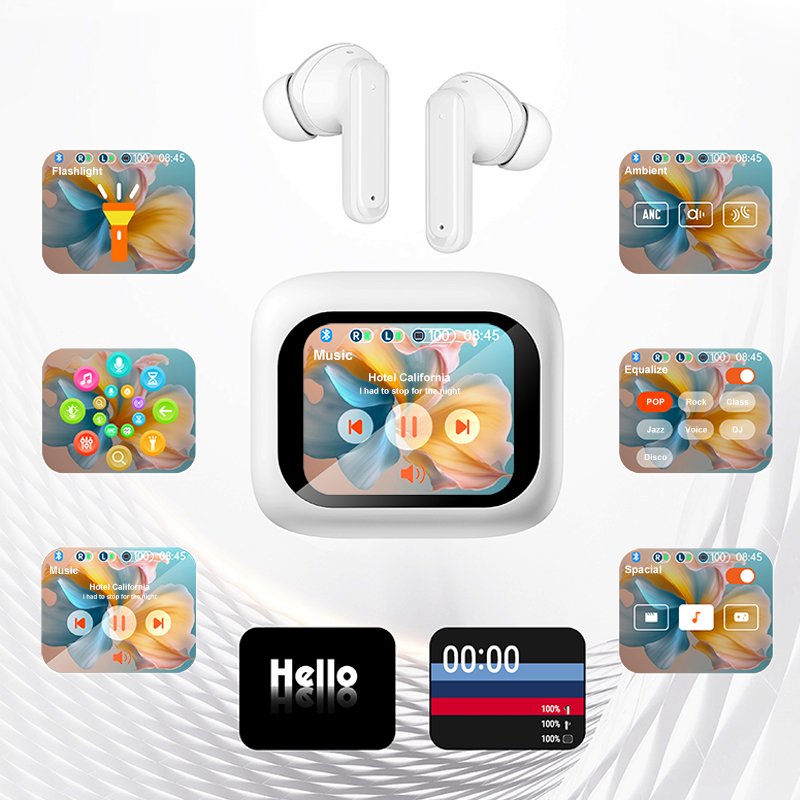 Factory Price New LCD Touch Screen ANC And ENC Noise Cancelling Earphone TWS Earbuds With Digital LCD Touch Control Screen