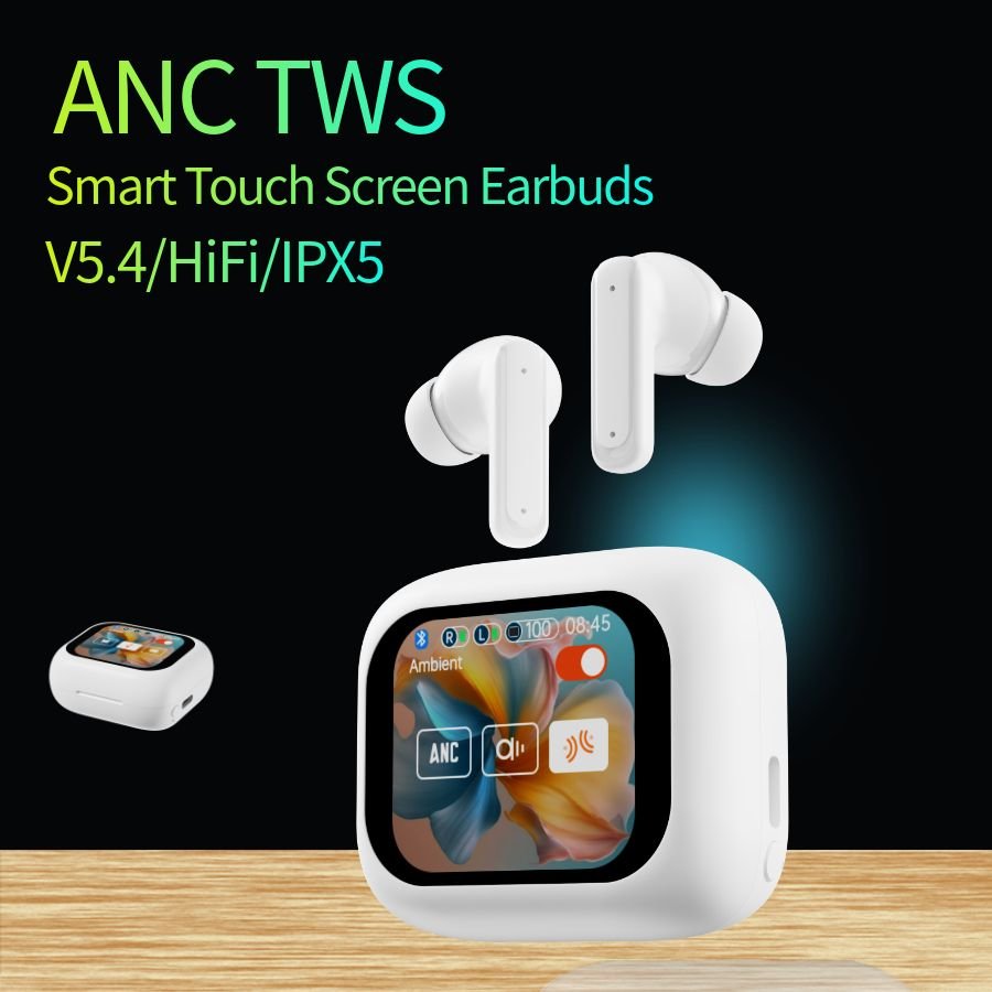 BT5.4 ANC ENC LCD Touch Screen TWS HiFi Gaming Earbuds & in-ear Noise Cancelling Headphones Sports Earphones with Touch Screen