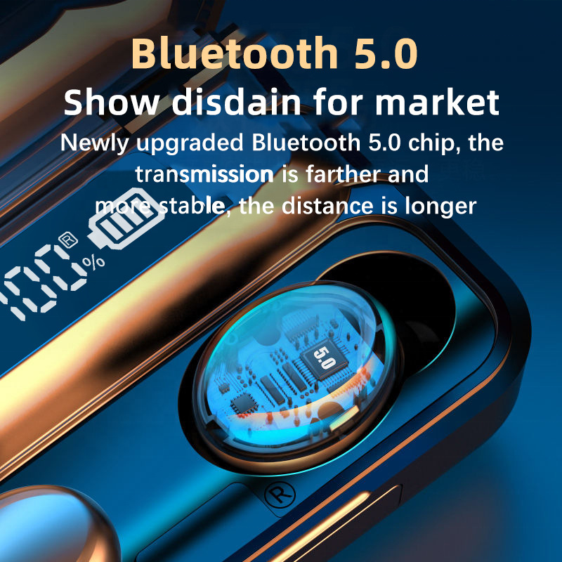 Wholesale price TWS stereo waterproof earbud F9 f9-5 earphone 9D high fidelity with tft display