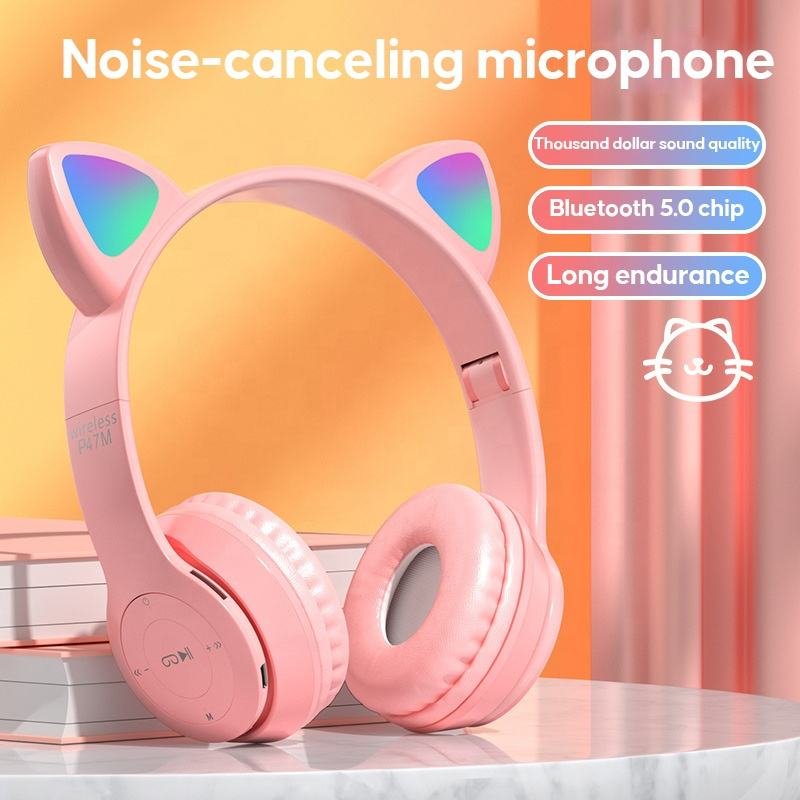 2024 Top Sales P47M LED light Cute Cat Ears Wireless Headphones with Mic Kid Girl Stereo Music Helmet Phone BT Headset