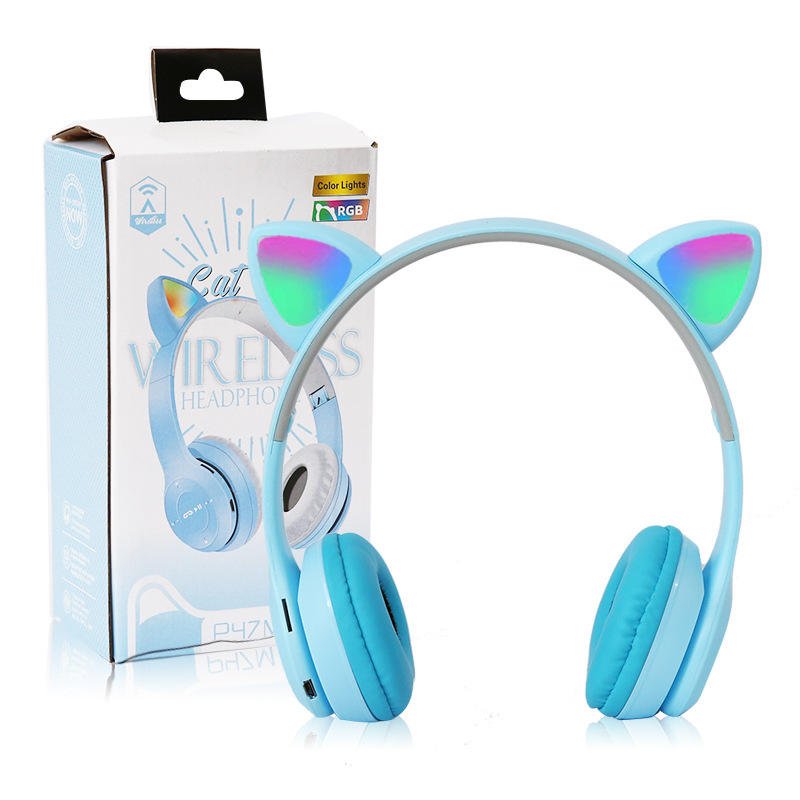 2024 Top Sales P47M LED light Cute Cat Ears Wireless Headphones with Mic Kid Girl Stereo Music Helmet Phone BT Headset
