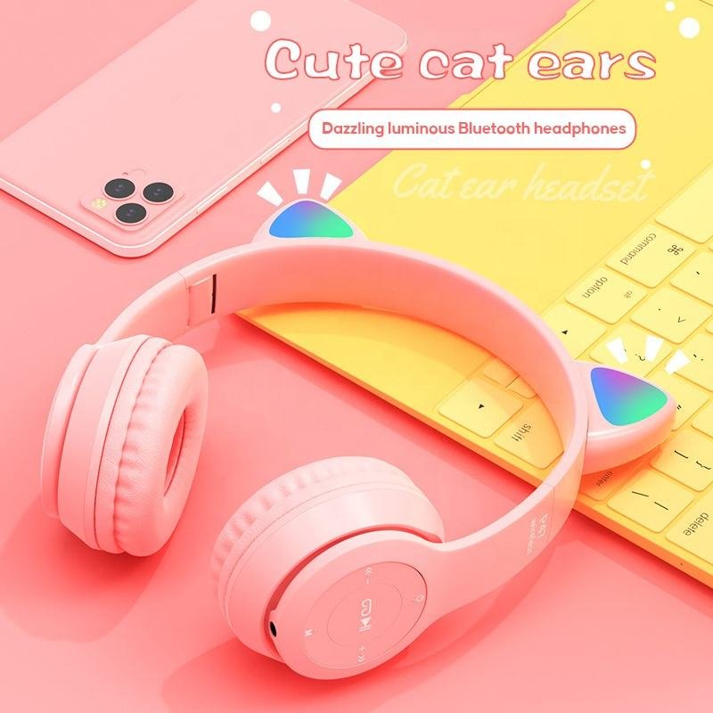 2024 Top Sales P47M LED light Cute Cat Ears Wireless Headphones with Mic Kid Girl Stereo Music Helmet Phone BT Headset