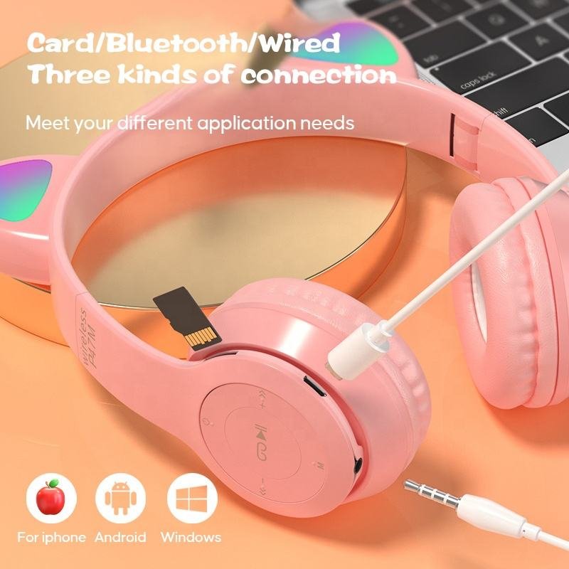2024 Top Sales P47M LED light Cute Cat Ears Wireless Headphones with Mic Kid Girl Stereo Music Helmet Phone BT Headset