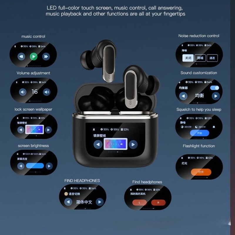 JL TWS Earbuds Smart LCD Touch Screen Wireless Bluetooth Stereo ANC Noise Cancelling In-Ear Digital Display Earphones