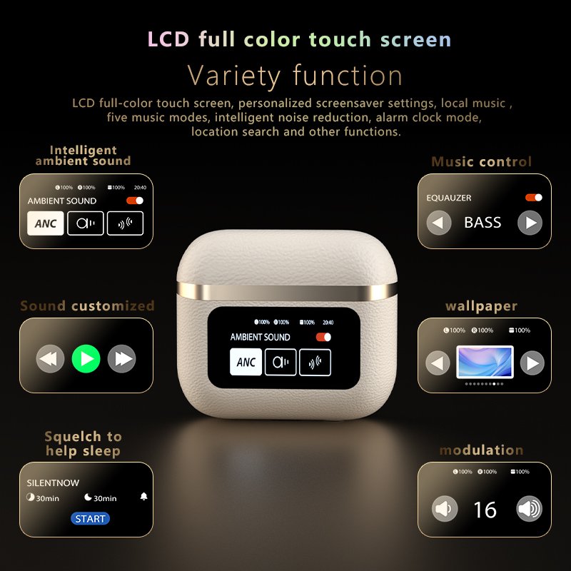 2024 Private Model Earbud with Touch Screen 4Mic ANC ENC Noise Cancelling TWS Earphones BT5.4 Hifi Sound Factory Support OEM ODM