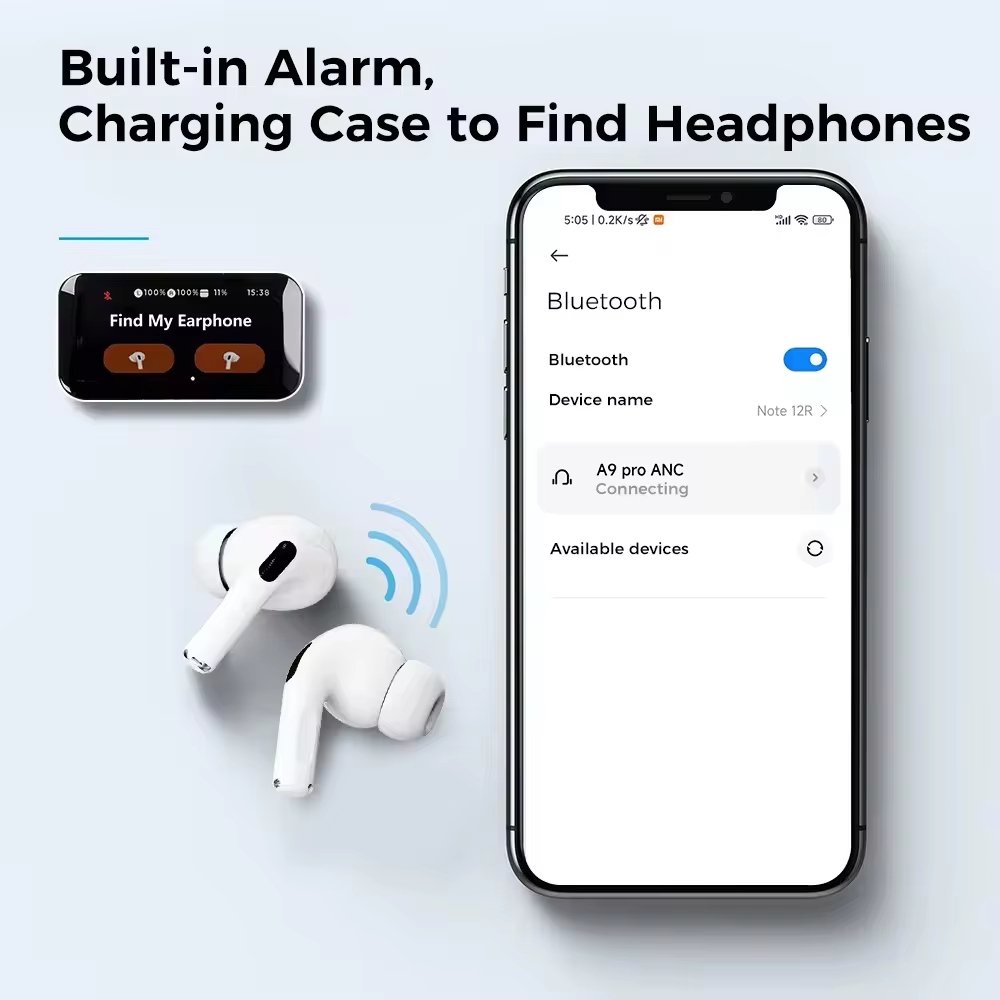 Hot Sale Lcd Colour Touch Screen Anc ENC bluetooth earbuds Sport earphone wireless sterep headset stereo headphone tws