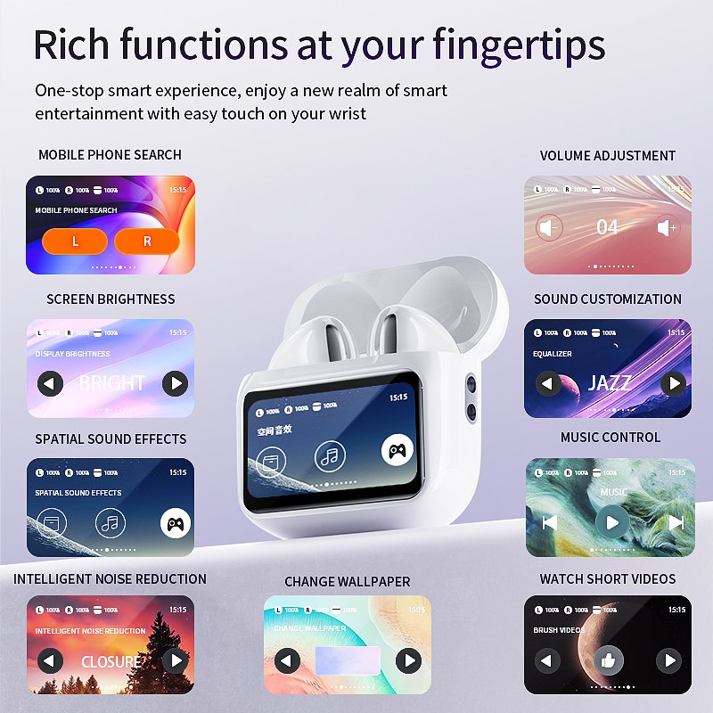 2024 New Earbuds in Ear Active Noise Reduction Wireless Earphones Intelligent Color Screen Multi functional Earbuds