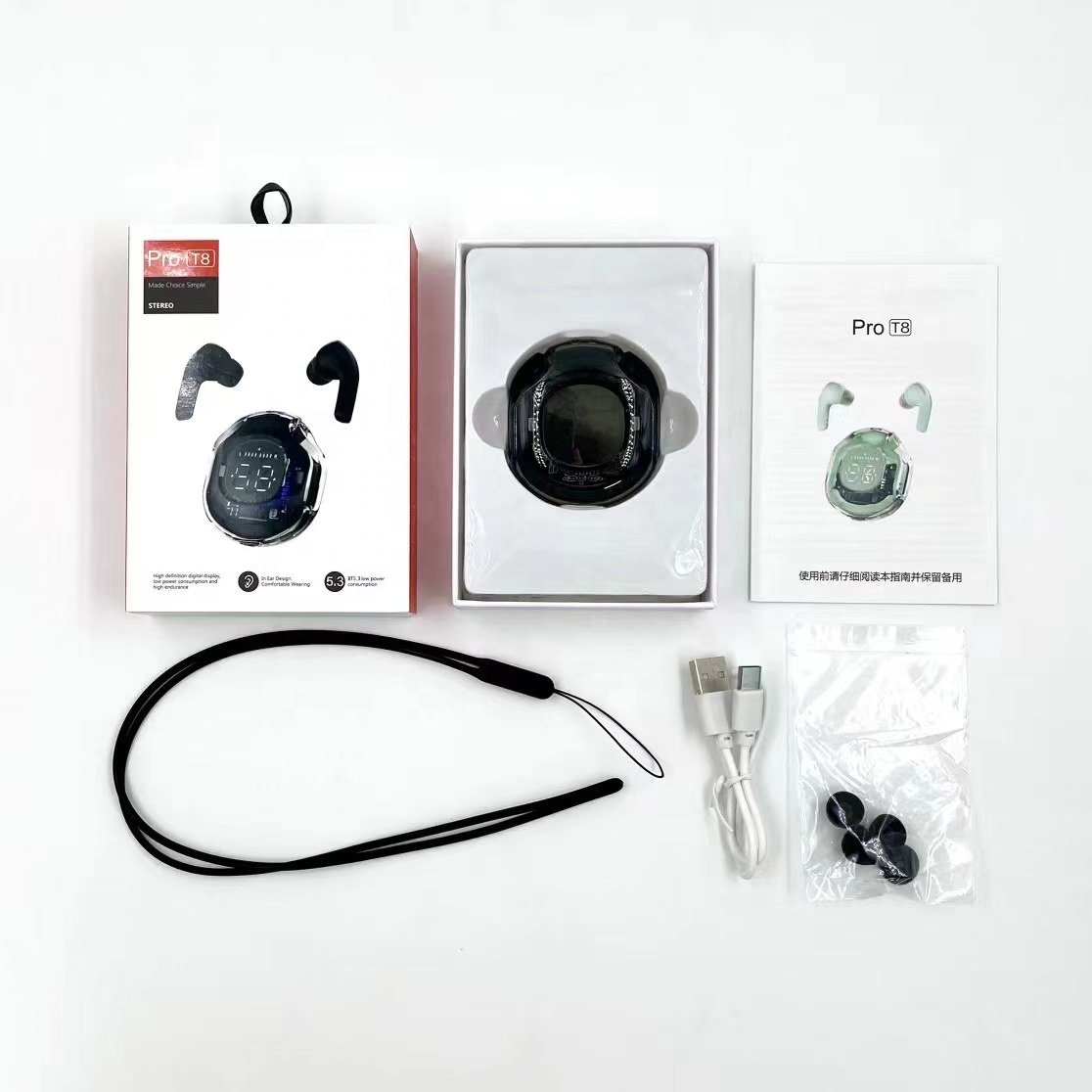 PRO T8 Headphone In-Ear Lanyard Headset Auriculares Audifonos Wireless Earbuds Pro t8 Noise Cancelling 2024 TWS Gaming Earphones