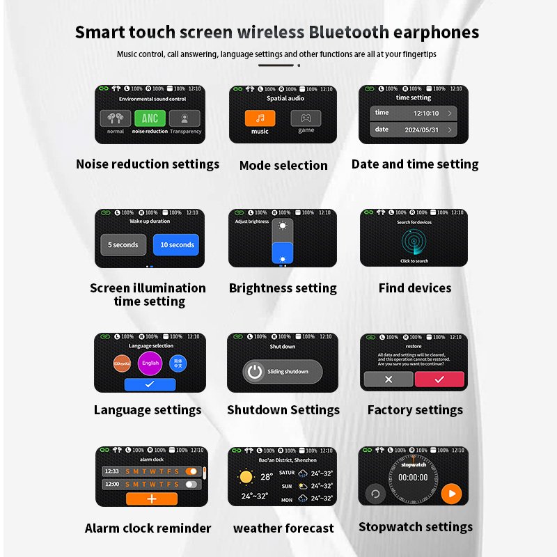 New Upgrade A9 Pro APP Wireless BT5.4 Earbuds With Touch Screen Life Waterproof ENC ANC Noise Cancelling Headphones
