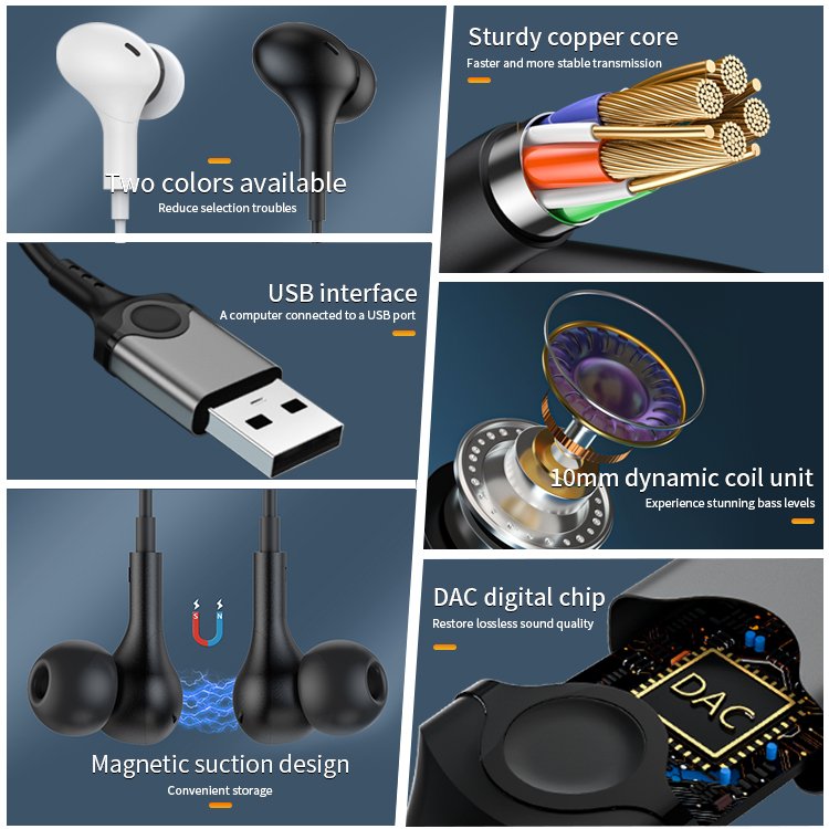 New In-Ear USB Wired Headset with Microphone Noise Cancelling Gaming Magnetic Earphones Hi-Fi Wired Earbuds for PC Computer