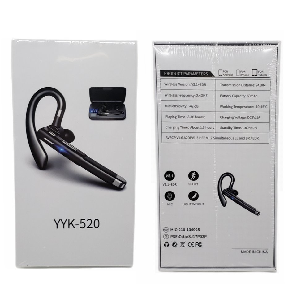 YYK-520 Single Ear Earbuds V5.2 Bluetooth Earphone Headset Stereo Wireless Noise Canceling Headphone Hands-Free Sports Earpiece