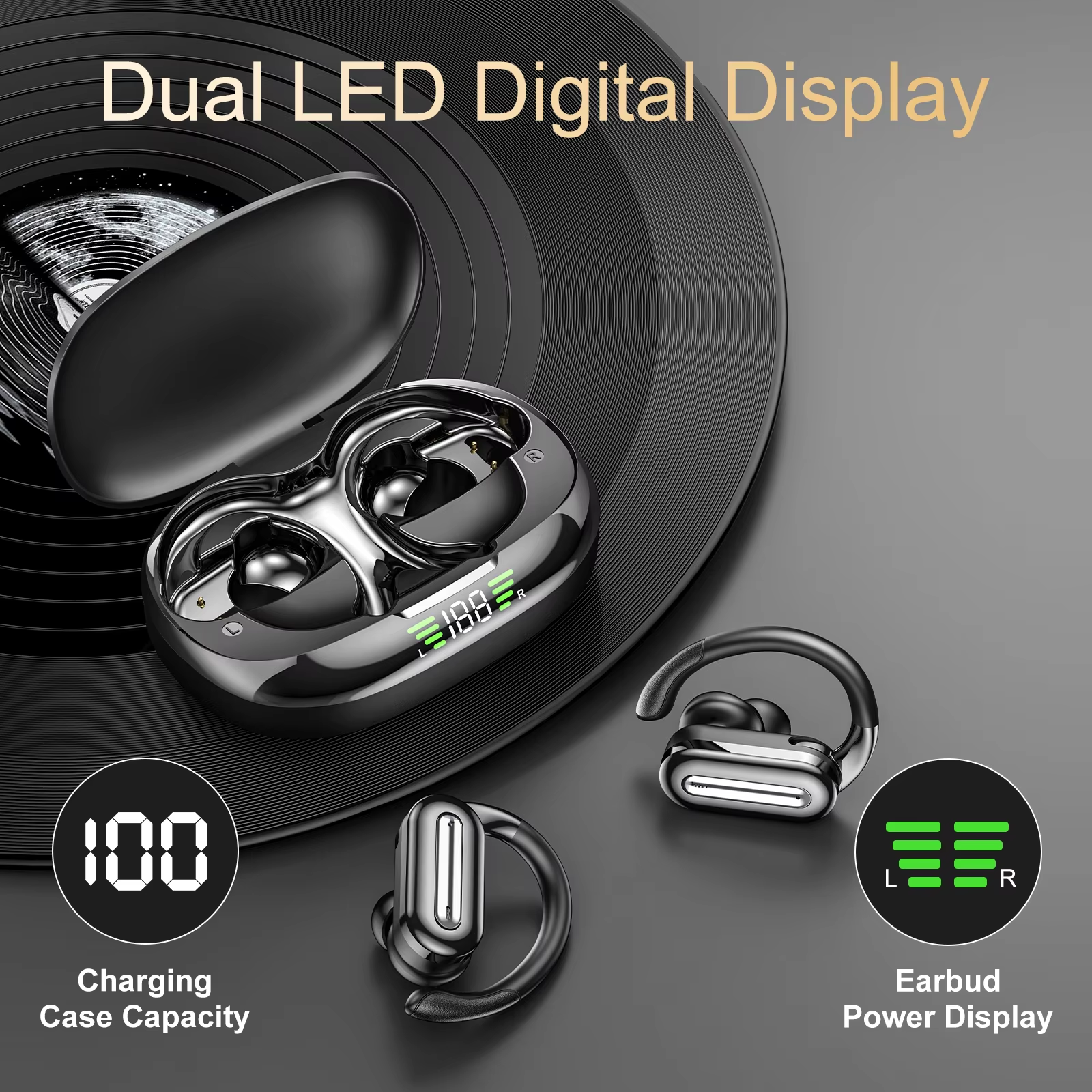 SP36 HIFI Stereo True Wireless Earphones Rotatable Ear Hook Sports Earbuds with Noise Cancelling and Dual Led Battery Display
