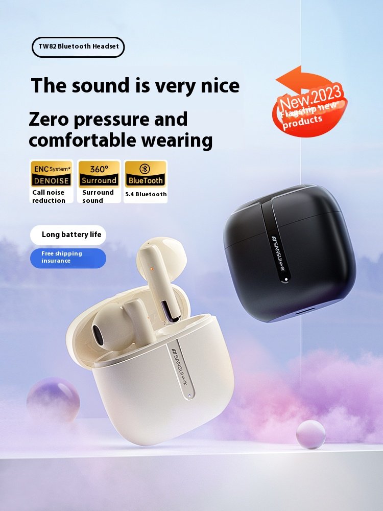 Sansui W82 Fashion lightweight smart touch Semi in ear ENC noise cancelling Call mic airport Wireless Bluetooth headset earphone