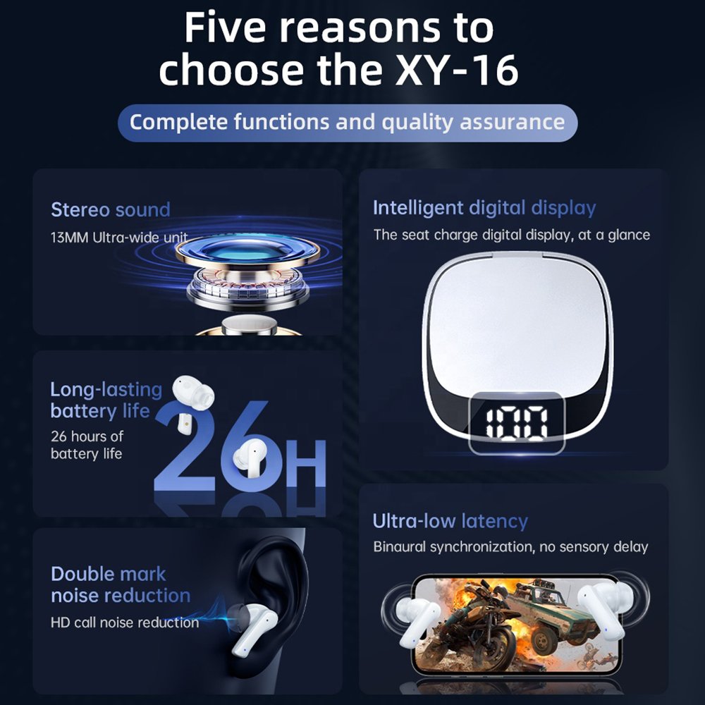 XY-16 TWS Wireless Earbuds Bluetooth V5.3 Over-Ear Headphones Call ANC ENC Noise Reduction Earphones Wireless Gaming Earbuds
