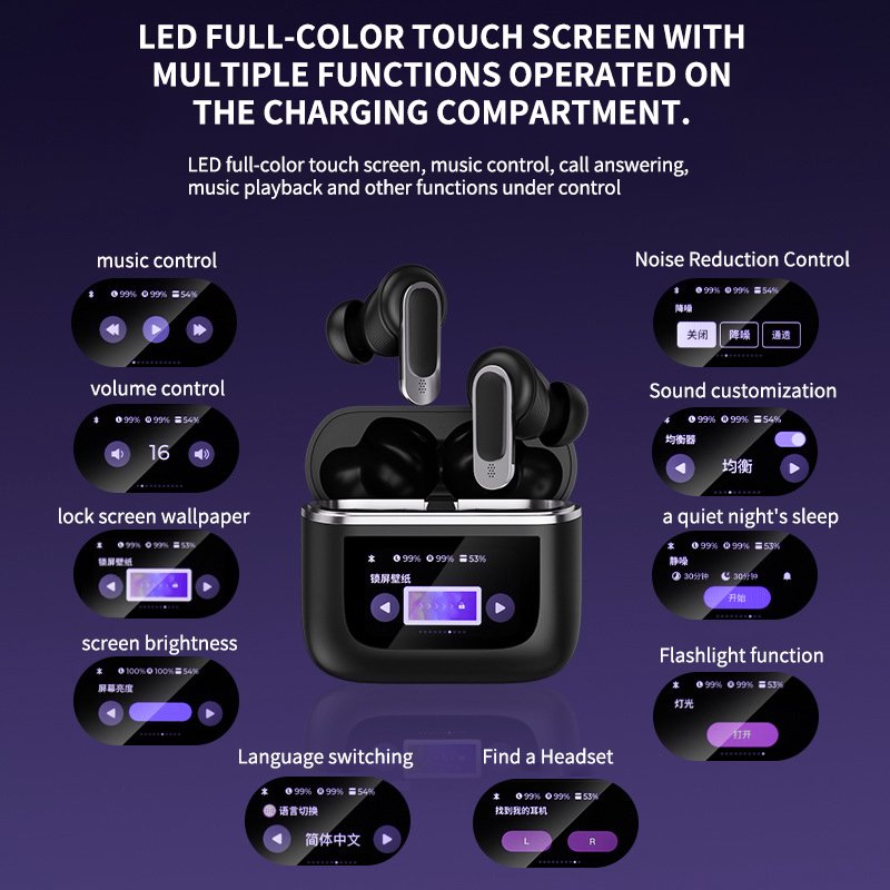 Trending Product Long Playtime V8 LCD Touch Display Screen TWS ANC Noise Cancelling Earbuds Earphones Headsets