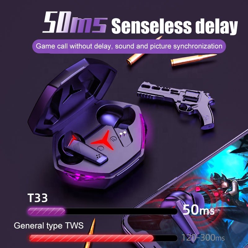 Free Sample T33 Quality Wholesale Wireless OEM ODM Game Earbuds 3D Surround Stereo Headphone Low Latency 5.2 TWS Gaming Earphone