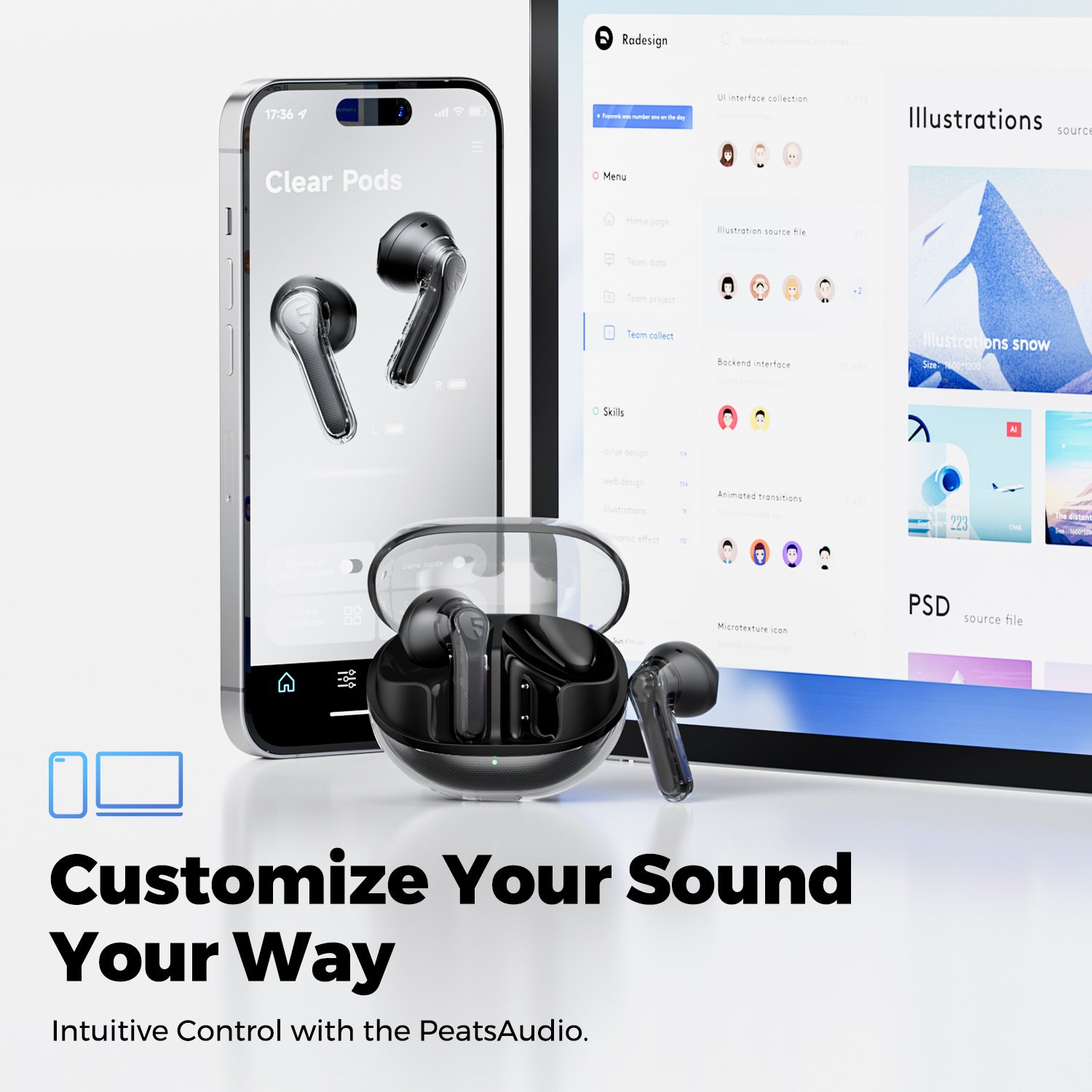 SOUNDPEATS Clear Pods Ture wireless Tws Inexpensive Earphones Bluetooth 5.3 13mm Drivers 2 Mic Call Clear with ENC Earbuds