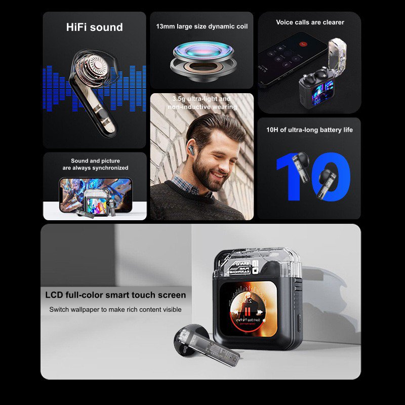 S10 Pro TWS Earphones 2024 Newest Full Color LCD Touch Screen Wireless Earbuds with Noise Cancelling ANC APP Control S10pro