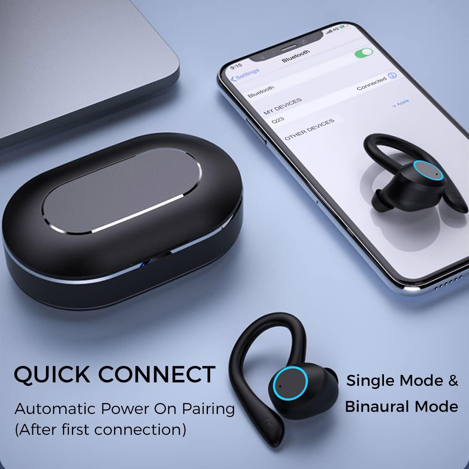 Earhook wireless exercise earplugs Bluetooth 5.1 earphones 28 hour playback time high fidelity stereo noise reduction